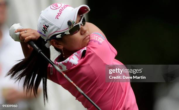 Ai Miyazato of Japan tees off on the first hole during second round play in the Bell Micro LPGA Classic at the Magnolia Grove Golf Course on May 14,...