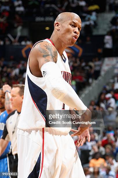 Maurice Evans of the Atlanta Hawks reacts in Game Four of th Eastern Conference Semifinals against the Orlando Magic during the 2010 NBA Playoffs on...