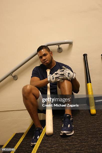 Willy Aybar of the Tampa Bay Rays sitting in the indoor batting cages prior to the game against the Oakland Athletics at the Oakland Coliseum on May...