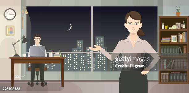 office man, wide window with city view - workbench stock illustrations