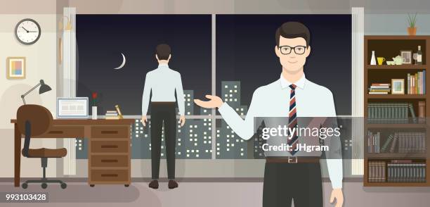 office man, wide window with city view - workbench stock illustrations