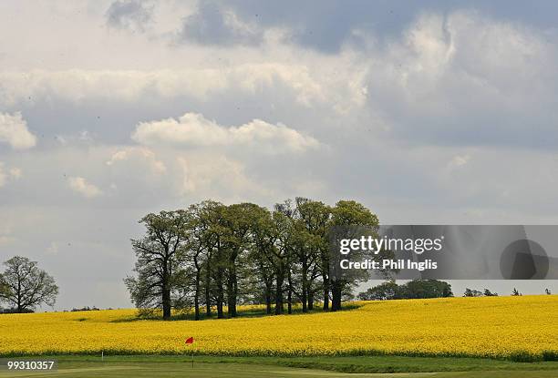 The second green surrounded by an oil seed rape field during the final round of the Handa Senior Masters presented by The Stapleford Forum played at...