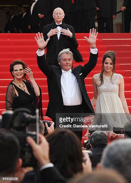 Actress Claudia Cardinale, actor Alain Delon and Anoushka Delon attend the 'Il Gattopardo' premiere held at the Palais des Festivals during the 63rd...