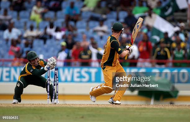 Kamran Akmal of Pakistan stumps Michael Clarke during the semi final of the ICC World Twenty20 between Australia and Pakistan at the Beausejour...