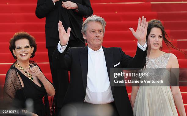 Actress Claudia Cardinale, actor Alain Delon and Anoushka Delon attend the 'Il Gattopardo' premiere held at the Palais des Festivals during the 63rd...