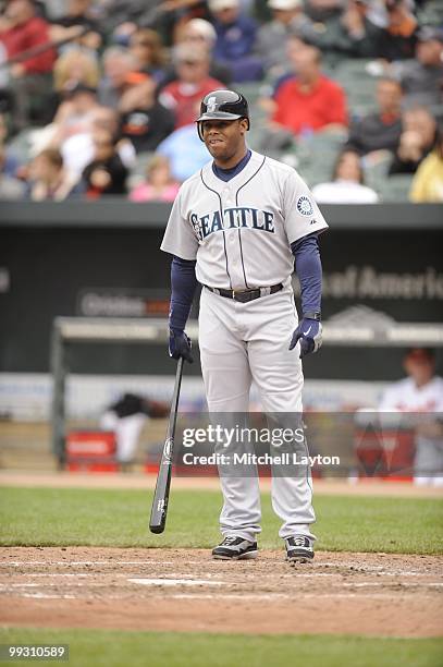 Ken Griffey Jr.#24 of the Seattle Mariners looks on during a baseball game against the Baltimore Orioles on May 13, 2010 at Camden Yards in...