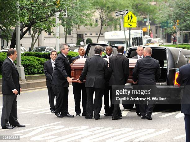 Pallbearers carry the casket of entertainer Lena Horne at St. Ignatius Loyola Church on May 14, 2010 in New York City.