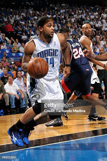 Jameer Nelson of the Orlando Magic drives under the basket in Game One of the Eastern Conference Semifinals against the Atlanta Hawks during the 2010...