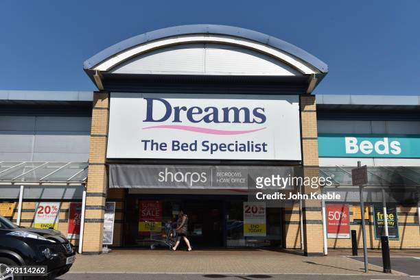 General view of a Dreams the bed specialist and Sharps furniture retail outlet store on July 3, 2018 in Southend on Sea, England.