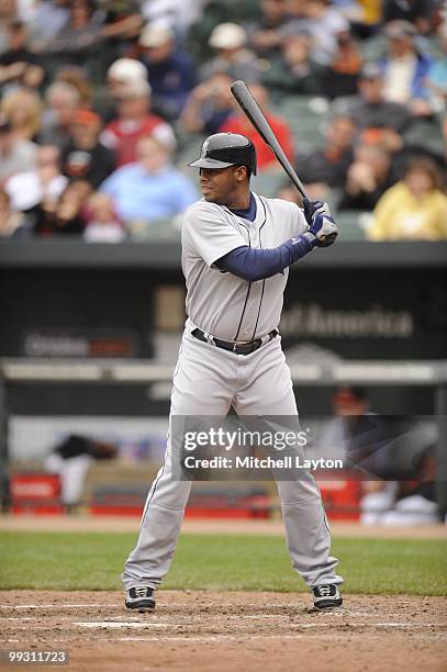 Ken Griffey Jr.#24 of the Seattle Mariners prepares to take a swing during a baseball game against the Baltimore Orioles on May 13, 2010 at Camden...