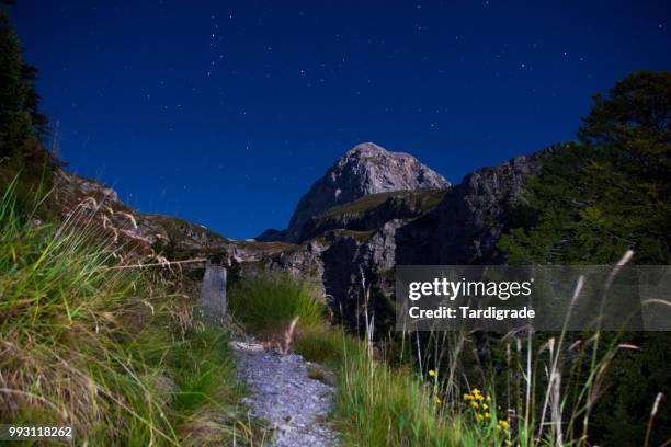 mt. mangart in blue moon light iii - blue moon stock-fotos und bilder