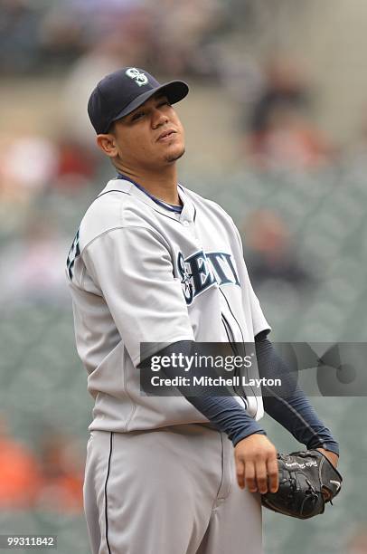 Felix Hernandez of the Seattle Mariners pitches during a baseball game against the Baltimore Orioles on May 13, 2010 at Camden Yards in Baltimore,...