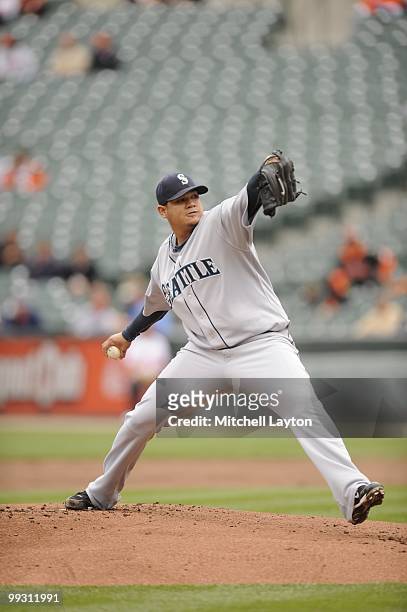 Felix Hernandez of the Seattle Mariners pitches during a baseball game against the Baltimore Orioles on May 13, 2010 at Camden Yards in Baltimore,...