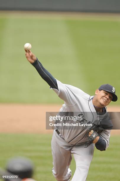 Felix Hernandez of the Seattle Mariners pitches during a baseball game against the Baltimore Orioles on May 13, 2010 at Camden Yards in Baltimore,...