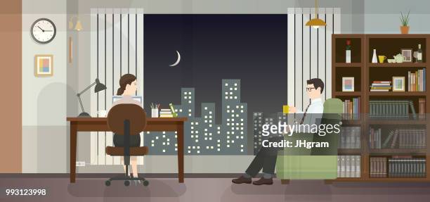 office woman, wide window with city view - narrating stock illustrations
