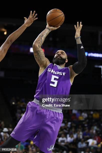 Carlos Boozer of Ghost Ballers shoots against the Ball Hogs during week three of the BIG3 three on three basketball league game at ORACLE Arena on...