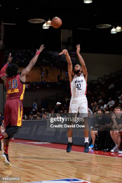 Aaron Harrison of the Washington Wizards shoots the ball against the Cleveland Cavaliers during the 2018 Las Vegas Summer League on July 6, 2018 at...