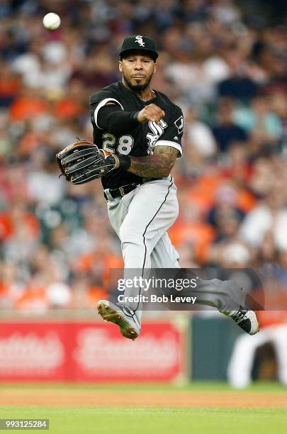 Leury Garcia of the Chicago White Sox throws out Marwin Gonzalez of the Houston Astros in the fifth inning at Minute Maid Park on July 6, 2018 in...