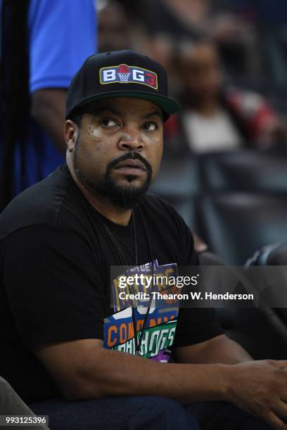 Actor and recording artist Ice Cube looks on during week three of the BIG3 three on three basketball league game at ORACLE Arena on July 6, 2018 in...