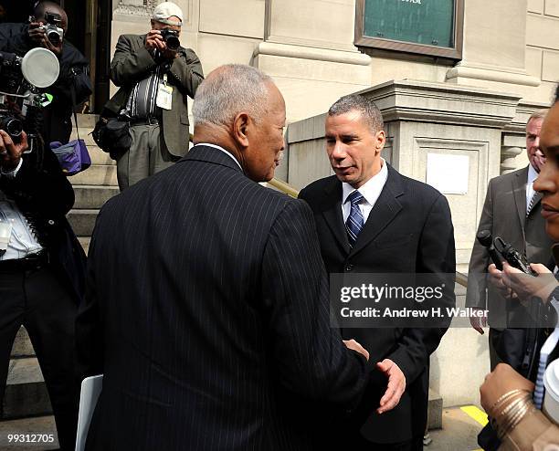 Former New York City mayor David Dinkins and New York State governor David Patterson greet each other at the funeral services for entertainer Lena...