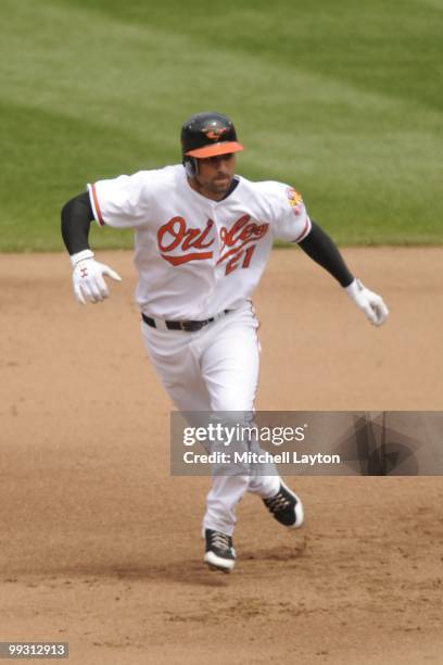 Nick Markakis of the Baltimore Orioles leads off second base during a baseball game against the Seattle Mariners on May 13, 2010 at Camden Yards in...