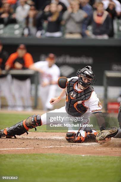 Matt Wieters of the Baltimore Orioles during a baseball game against the Seattle Mariners on May 13, 2010 at Camden Yards in Baltimore, Maryland.