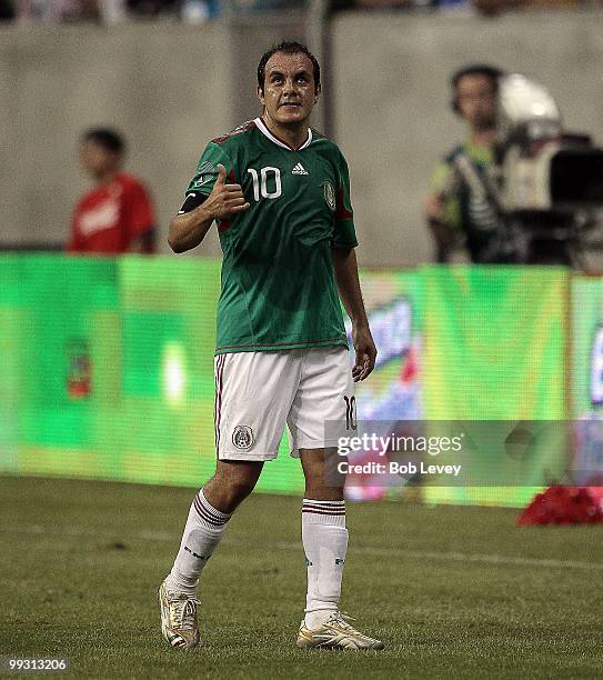 Cuauhtemoc Blanco of Mexico reacts against Angola at Reliant Stadium on May 13, 2010 in Houston, Texas.