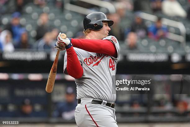 First Baseman Adam Dunn of the Washington Nationals bats against the New York Mets at Citi Field on May 12, 2010 in New York, New York. The Nationals...