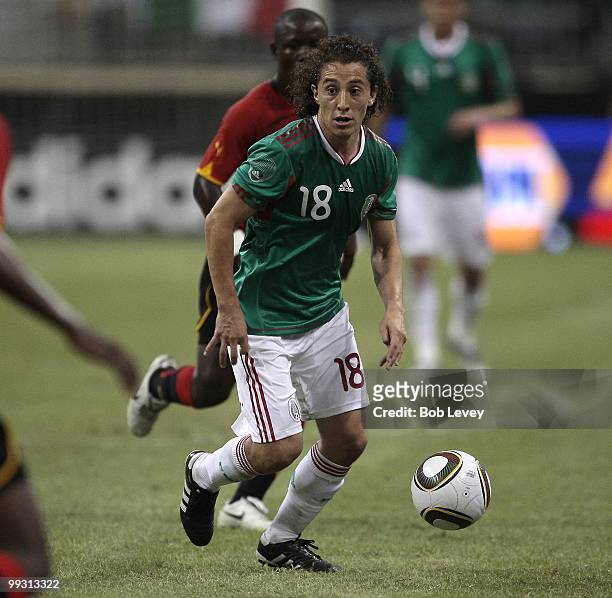 Andres Guardado of Mexico controls the ball against Angola at Reliant Stadium on May 13, 2010 in Houston, Texas.