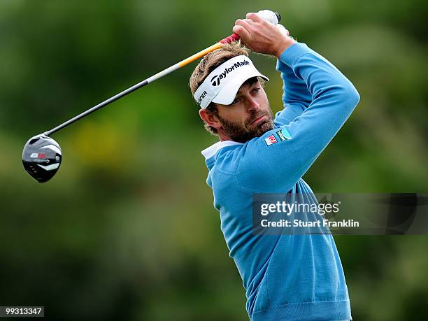 Raphael Jacquelin of France plays his tee shot on the sixth hole during the second round of the Open Cala Millor Mallorca at Pula golf club on May...