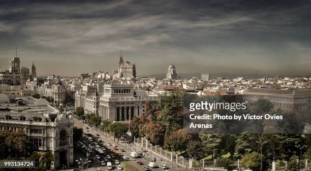 wide angle aerial panoramic view of downtown (alcala street) madrid, spain - madrid aerial stock pictures, royalty-free photos & images