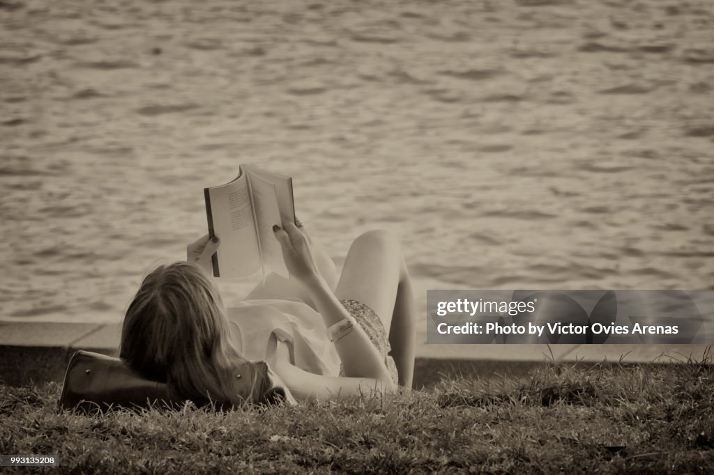 The reader: Woman reading a book by the pond in the Retiro Park in Madrid, Spai