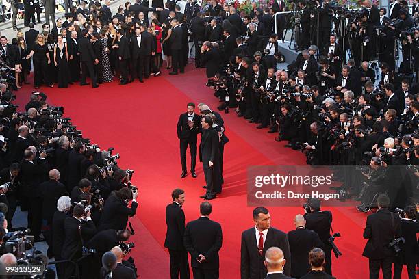 Actors Michael Douglas, Frank Langella, Josh Brolin, Carey Mulligan and director Oliver Stone with Shia LaBeouf attend the "Wall Street: Money Never...