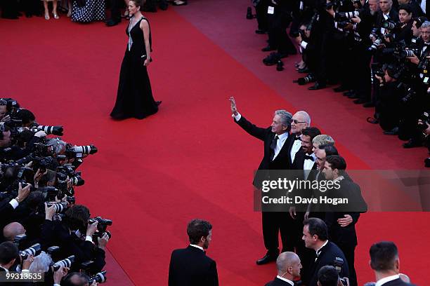 Actors Michael Douglas, Frank Langella, Josh Brolin, Carey Mulligan and director Oliver Stone with Shia LaBeouf attend the "Wall Street: Money Never...