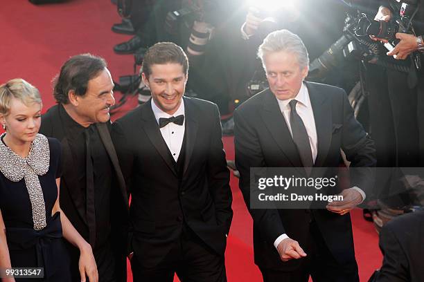 Carey Mulligan, Director Oliver Stone and actors Shia Lebeouf and Michael Douglas attend the "Wall Street: Money Never Sleeps" Premiere at the Palais...