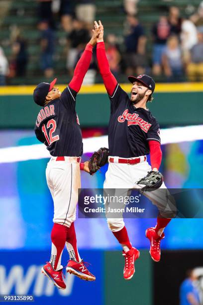Francisco Lindor celebrates with Tyler Naquin of the Cleveland Indians after the Indians defeated the Oakland Athletics at Progressive Field on July...