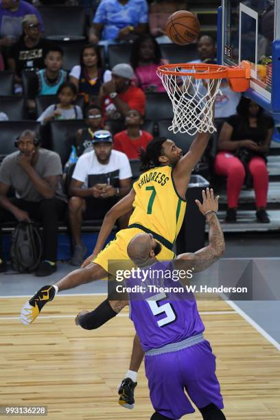 Josh Childress of Ball Hogs shoots against Carlos Boozer of Ghost Ballers during week three of the BIG3 three on three basketball league game at...