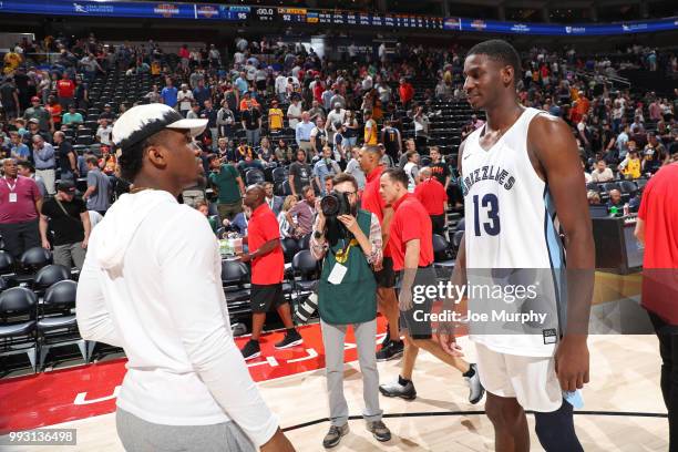 Donovan Mitchell of the Utah Jazz speaks to Jaren Jackson Jr. #13 of the Memphis Grizzlies after the game on July 3, 2018 at Vivint Smart Home Arena...