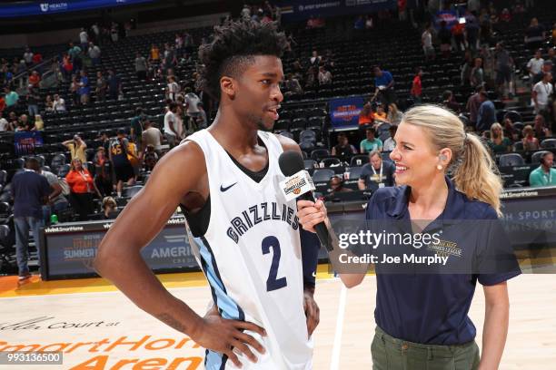 Kobi Simmons of the Memphis Grizzlies speaks to the media after the game against the Utah Jazz on July 3, 2018 at Vivint Smart Home Arena in Salt...