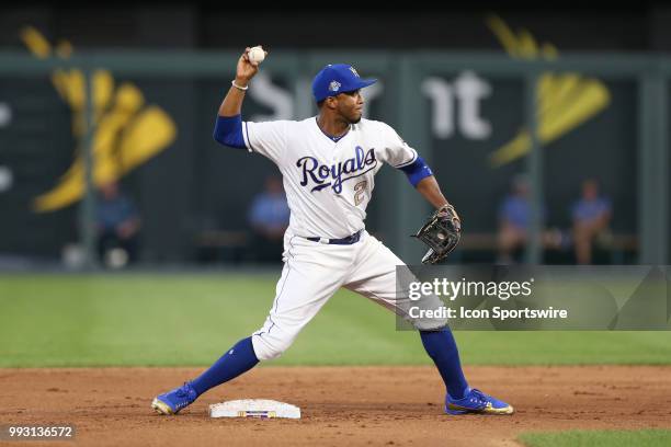 Kansas City Royals shortstop Alcides Escobar turns the double plan in the fifth inning of an MLB game between the Boston Red Sox and Kansas City...