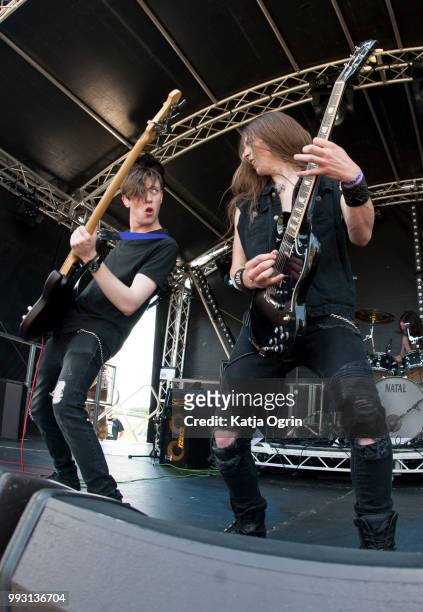 Tom Atkinson and Aiden Lord of heavy metal band Vice perform at Amplified Festival 2018 at Quarrydowns on July 6, 2018 in Gloucestershire, England.