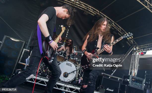 Tom Atkinson and Aiden Lord of heavy metal band Vice perform at Amplified Festival 2018 at Quarrydowns on July 6, 2018 in Gloucestershire, England.