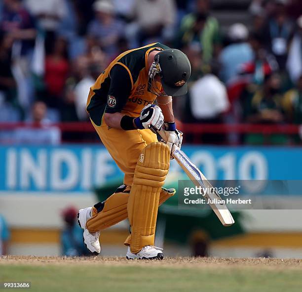 Michael Hussey pumps himself up during the semi final of the ICC World Twenty20 between Australia and Pakistan at the Beausejour Cricket Ground on...