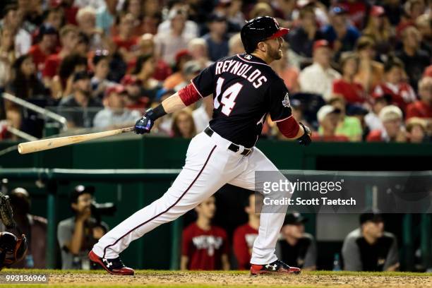 Mark Reynolds hits the game winning home run against the Miami Marlins during the ninth inning at Nationals Park on July 06, 2018 in Washington, DC.