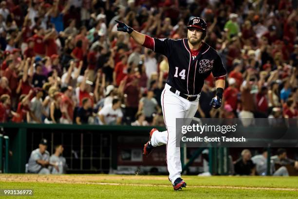 Mark Reynolds hits the game winning home run against the Miami Marlins during the ninth inning at Nationals Park on July 06, 2018 in Washington, DC.