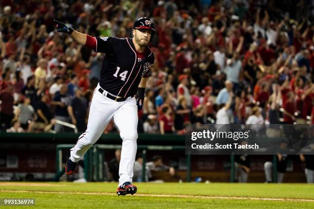 Mark Reynolds hits the game winning home run against the Miami Marlins during the ninth inning at Nationals Park on July 06, 2018 in Washington, DC.