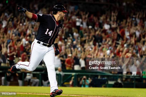 Mark Reynolds hits the game winning home run against the Miami Marlins during the ninth inning at Nationals Park on July 06, 2018 in Washington, DC.