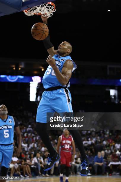 Corey Maggette of Power dunks the ball against Tri State during week three of the BIG3 three on three basketball league game at ORACLE Arena on July...