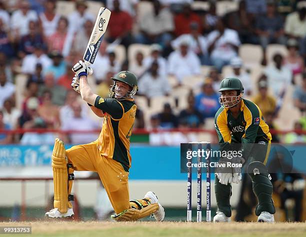 Michael Hussey of Australia hits the winning runs during the ICC World Twenty20 semi final between Australia and Pakistan at the Beausjour Cricket...