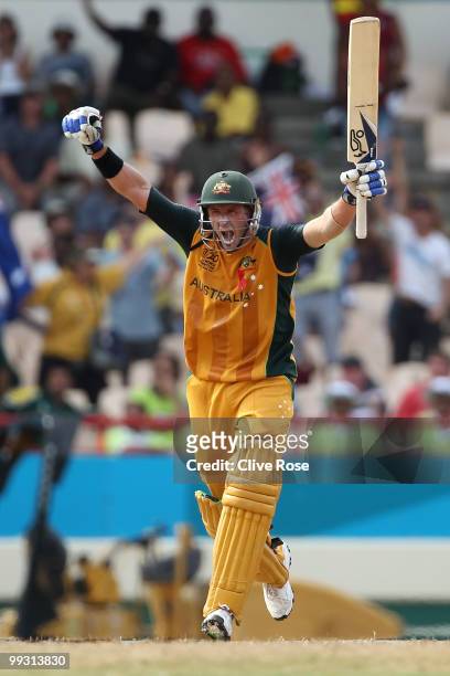 Michael Hussey of Australia celebrates hitting the winning runs during the ICC World Twenty20 semi final between Australia and Pakistan at the...